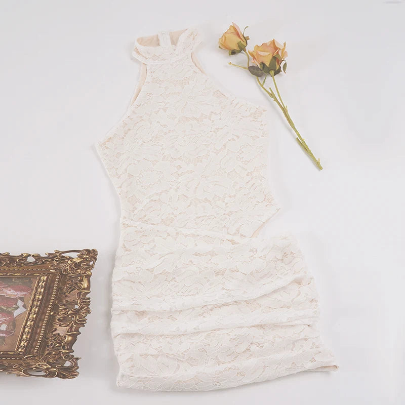 Women's High Quality Eco-Friendly Floral Lace Dress Breathable Natural Waistline Shoulder Halter Lace  Mini Dress