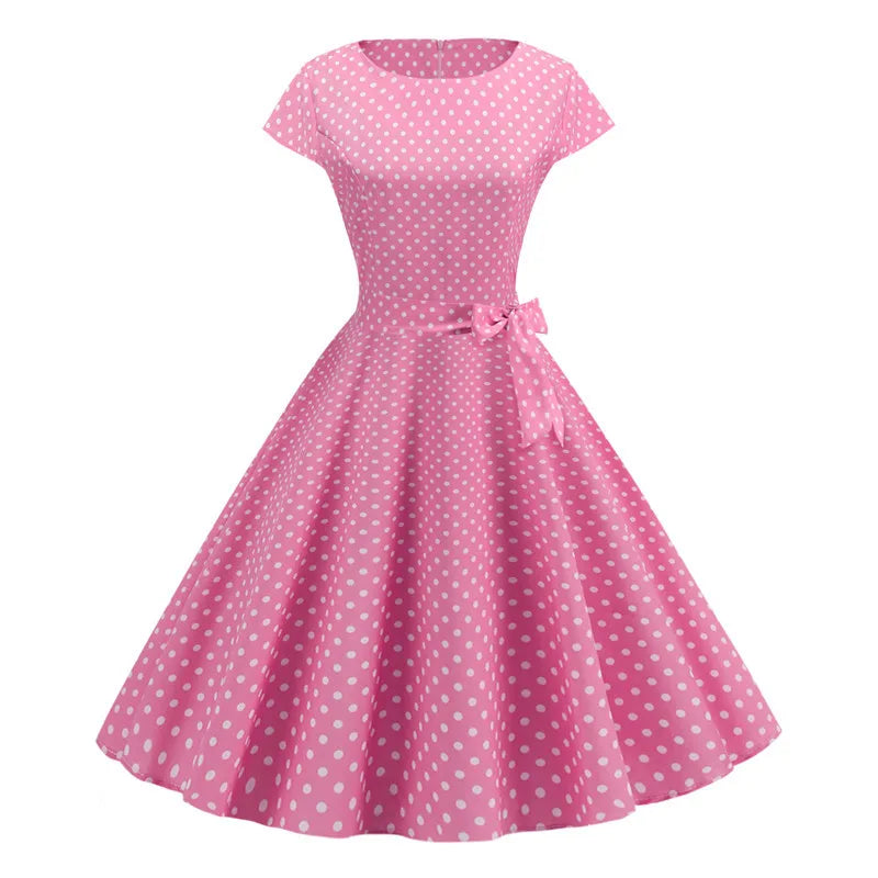 Women Summer Dresses Robe Vintage 1950s 60s Pin Up Big Swing Party Work Wear Rockabilly Dress White Polka Dot Vestidos