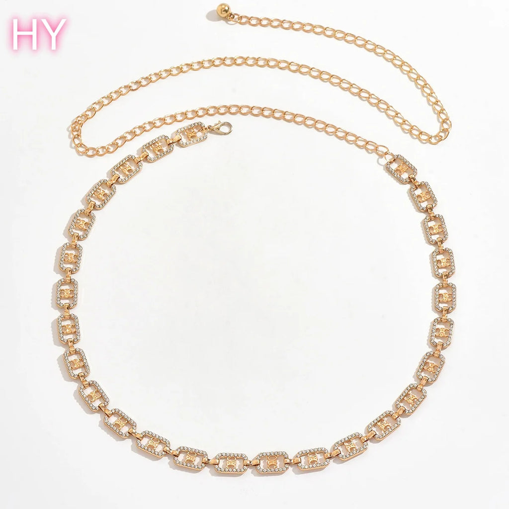 HYNew Gold Plated Alloy Rhinestone Rectangle Geometric Fine Beach Sexy Belt Waist Body Chain Belly Jewelry for Women