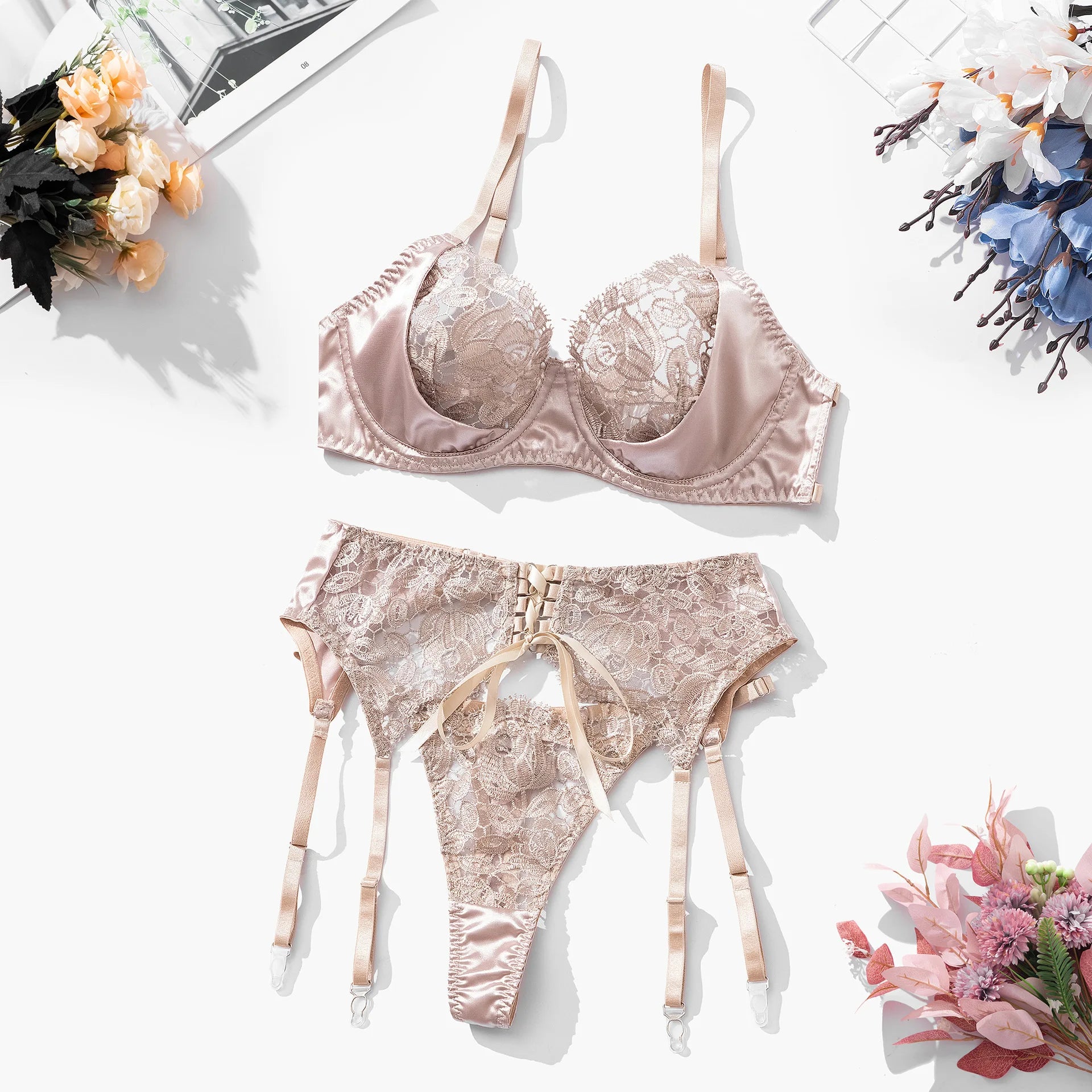 Floral Lingerie Luxury Lace Satin Patchwork Bra Drawstring Garter Exotic Set Sexy Women Underwear Transparent Intimates 1350