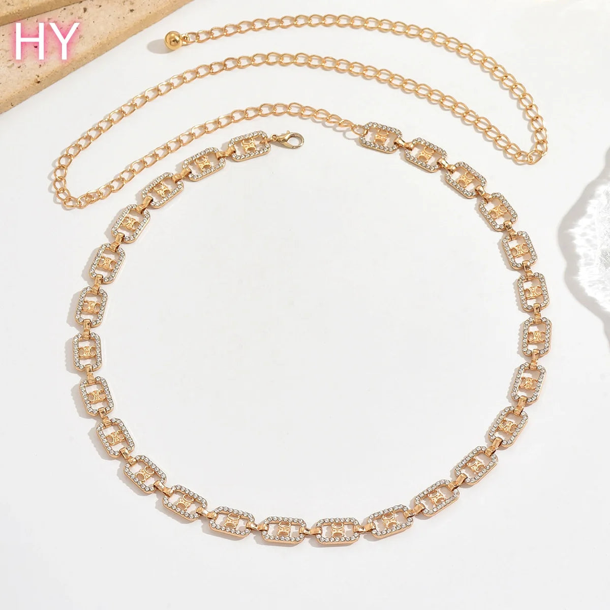 HYNew Gold Plated Alloy Rhinestone Rectangle Geometric Fine Beach Sexy Belt Waist Body Chain Belly Jewelry for Women