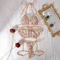 Deep Love 2025 Champagne Metal Chain Halter Neck Bikini Sexy Lingerie Sequin Embroidery Lace-up Push up Bra Thong Lingerie
