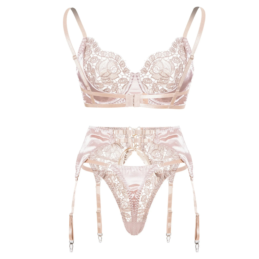 Floral Lingerie Luxury Lace Satin Patchwork Bra Drawstring Garter Exotic Set Sexy Women Underwear Transparent Intimates 1350
