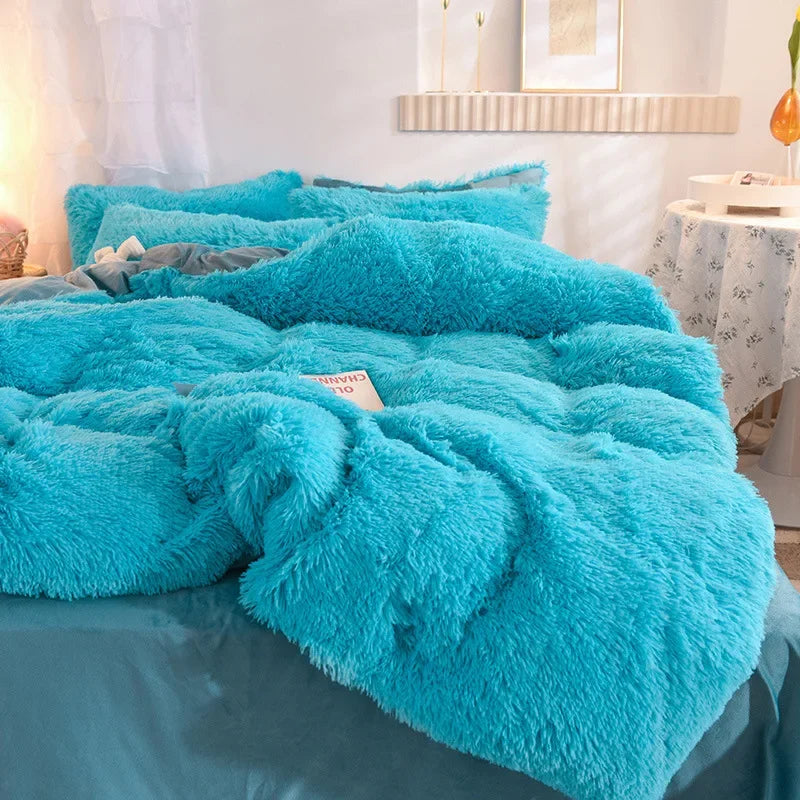 Luxury Winter Warm Long Plush Pink Bedding Set Queen Mink Velvet Double Duvet Cover Set with Fitted Sheet Warmth Quilt Covers