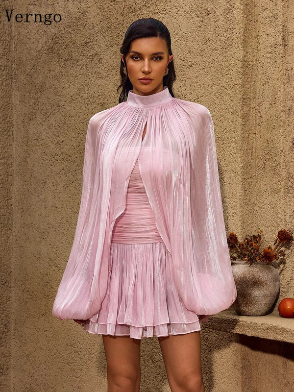 Verngo Pink Shiny Ankle Evening Dress Tiered Charmaine Balloon Sleeves Spring Outfit Ruched Ruffle Mini Dresses Customized