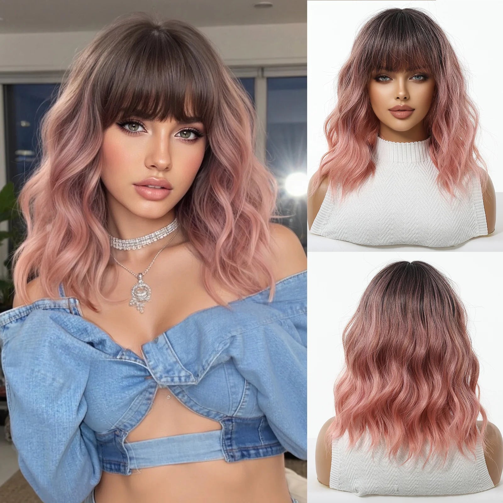 Pink Short Wavy Synthetic Wig with Full Bangs for Women Heat Resistant Natural Look Hair for Daily Party and Cosplay Use