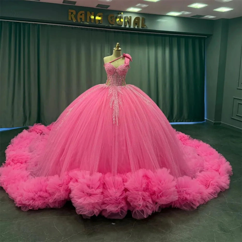 Hot Pink Shinny 15 Dress Quinceanera 2026 Beaded One Shoulder Ball Gown Quince Dress Formal Occasion Gowns Customized