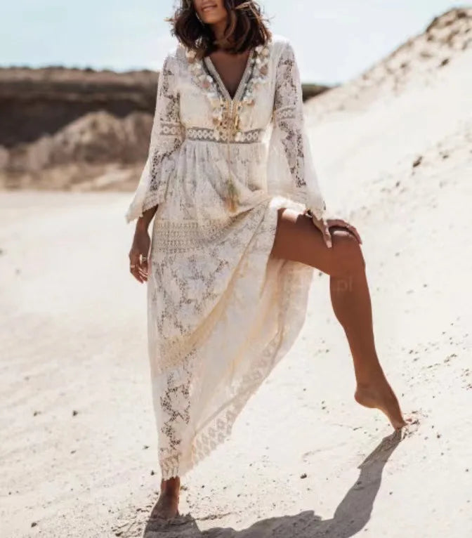 Summer Women Long Party Dress Vintage Long Sleeve Floor Length Sexy Backless White Lace Maxi Dress  sexy