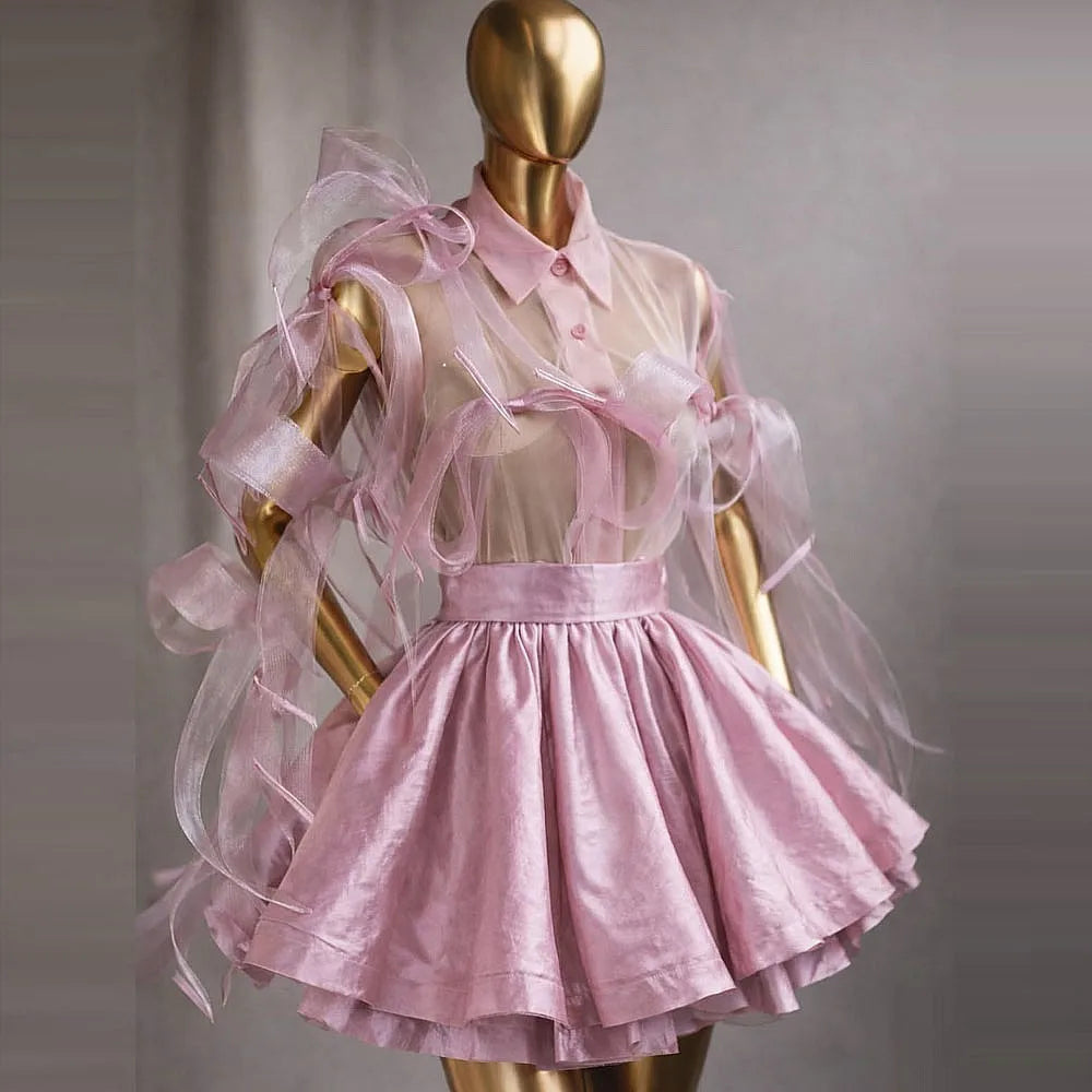 Pink Cute Two Pieces Dresses Party Evening Wear See Through Long Sleeves Top And Skirt Birthday Sets