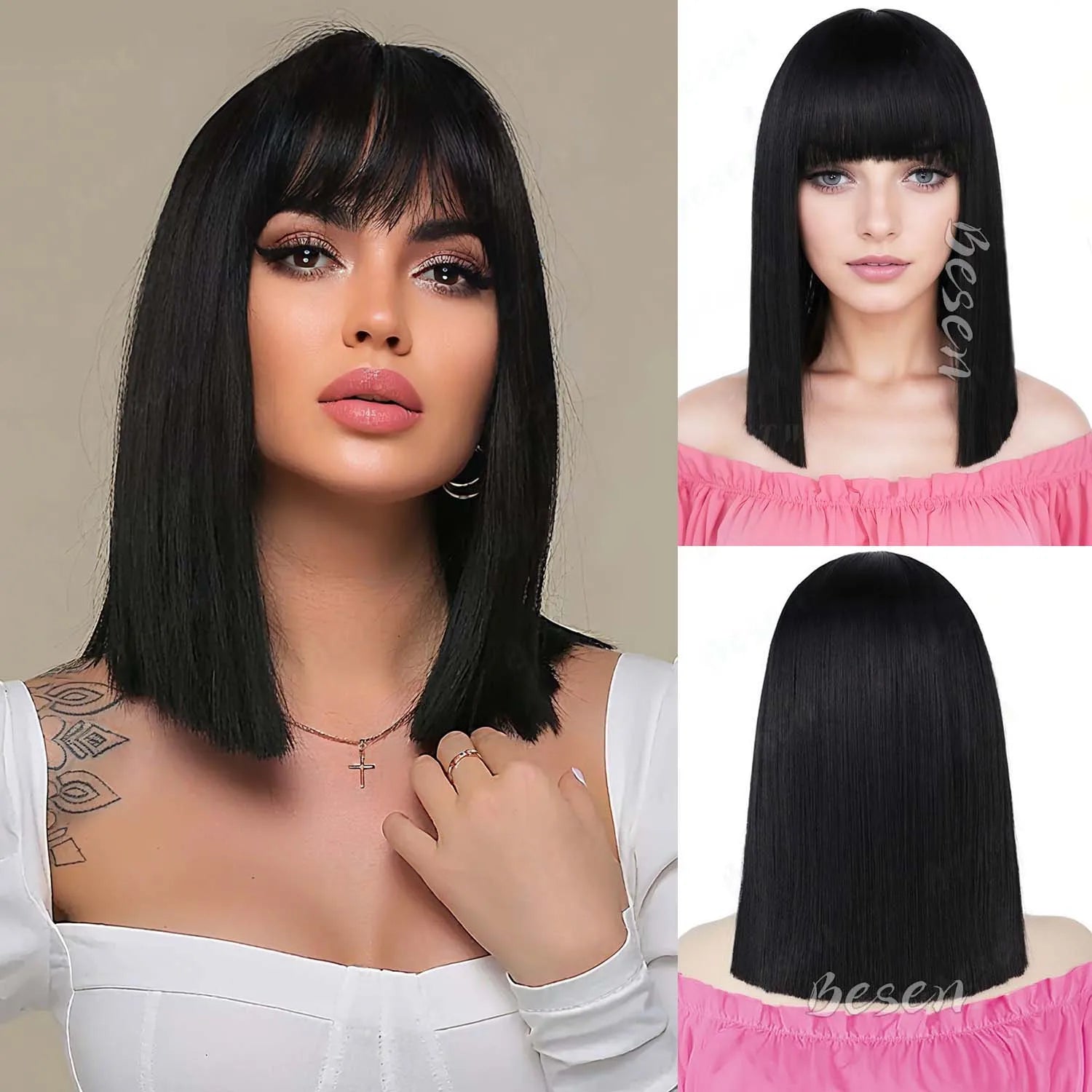 Synthetic Pink Bob wig Short Straight Hair with Bangs,Shoulder Length Multi-colored Wig for Halloween Cosplay Daily Party Wear