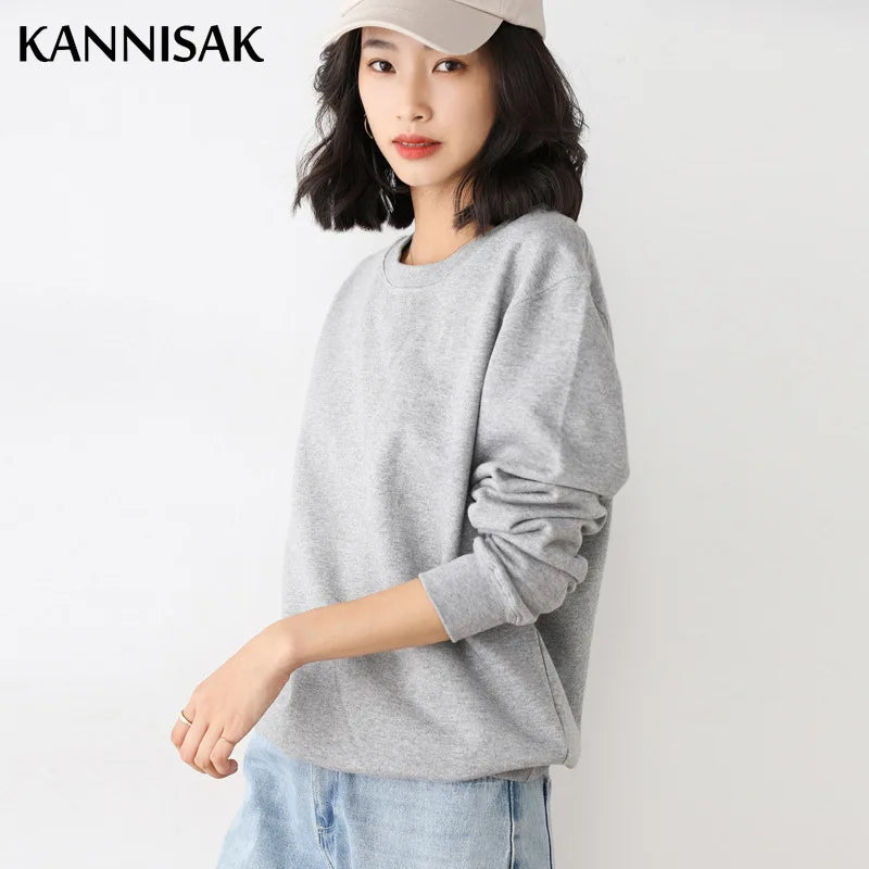 Women Sweatshirt 2025 Spring Autumn Multi-colors Fashion Korean O-neck Cotton Loose Womens Sweatshirts Vintage Solid Pullovers