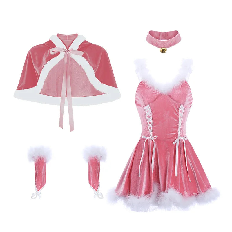 Pink Women Christmas Nightdress Sexy Lingerie Set Santa V-neck Dress Party Plush  Costumes Cosplay Bunny Girl Cute Cloak