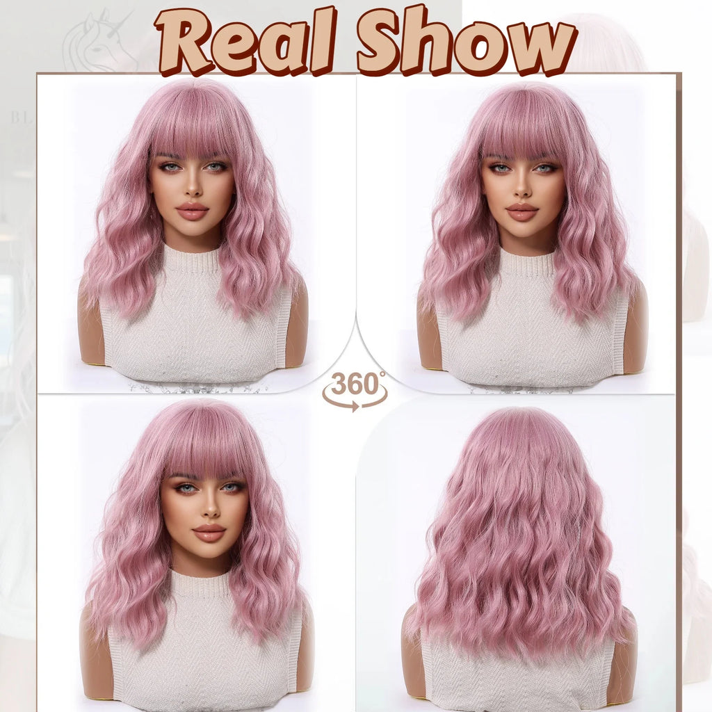 Pink Short Wavy Synthetic Wig with Full Bangs for Women Heat Resistant Natural Look Hair for Daily Party and Cosplay Use