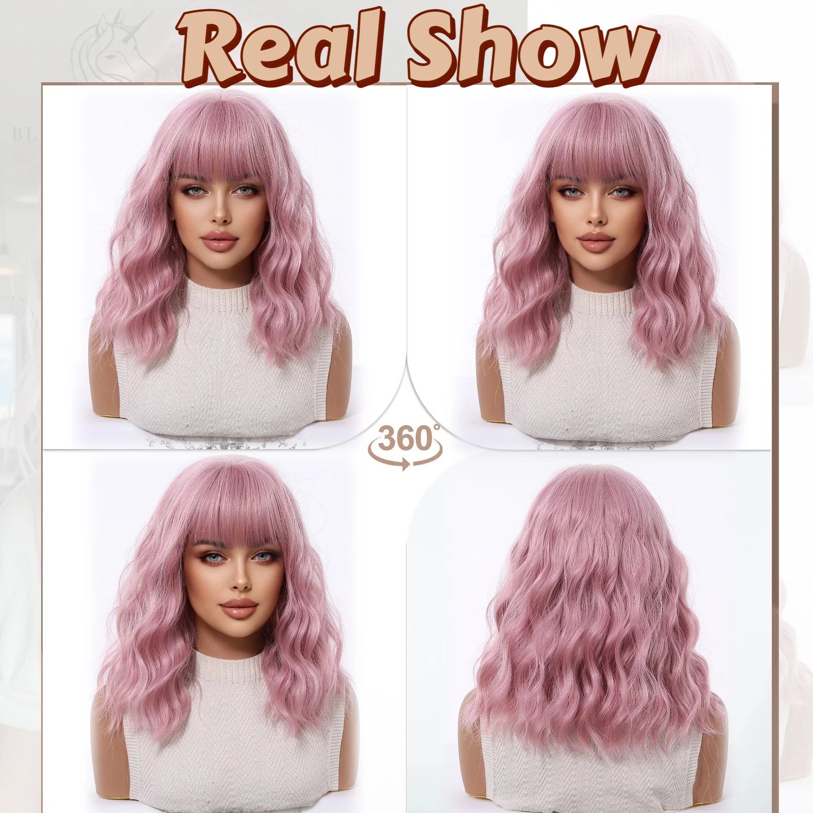 Pink Short Wavy Synthetic Wig with Full Bangs for Women Heat Resistant Natural Look Hair for Daily Party and Cosplay Use
