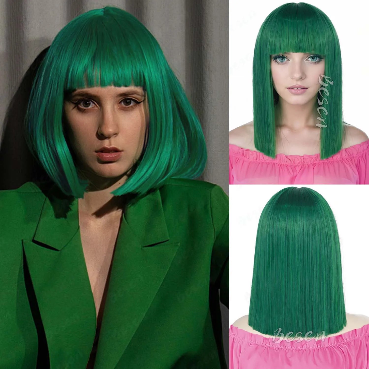 Synthetic Pink Bob wig Short Straight Hair with Bangs,Shoulder Length Multi-colored Wig for Halloween Cosplay Daily Party Wear