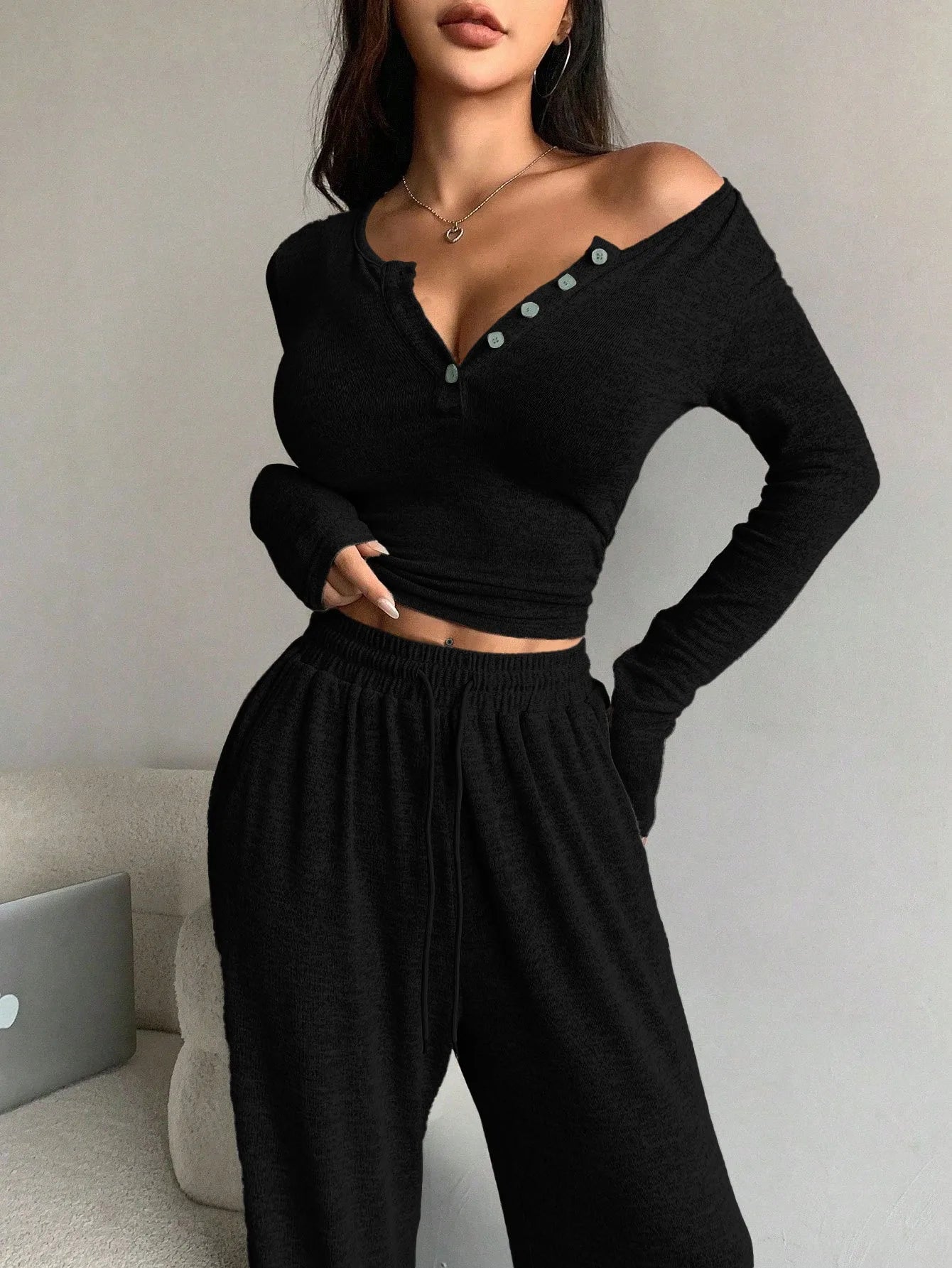 Women's Pajamas Sexy Tight-fitting Button V-neck Long-sleeved Drawstring Long Trousers Two-piece Set Casual Simple Homewear