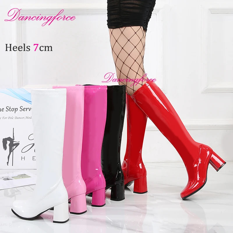 Pink Red Fancy Vintage 1950S 60S 70S Knee High Go Go Retro Boots Womens Sexy Shoes Ladies Larger Size EU36-46