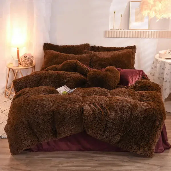 Luxury Winter Warm Long Plush Pink Bedding Set Queen Mink Velvet Double Duvet Cover Set with Fitted Sheet Warmth Quilt Covers