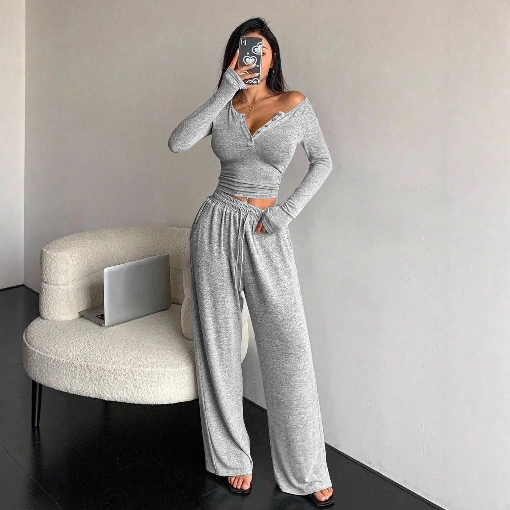 Women's Pajamas Sexy Tight-fitting Button V-neck Long-sleeved Drawstring Long Trousers Two-piece Set Casual Simple Homewear