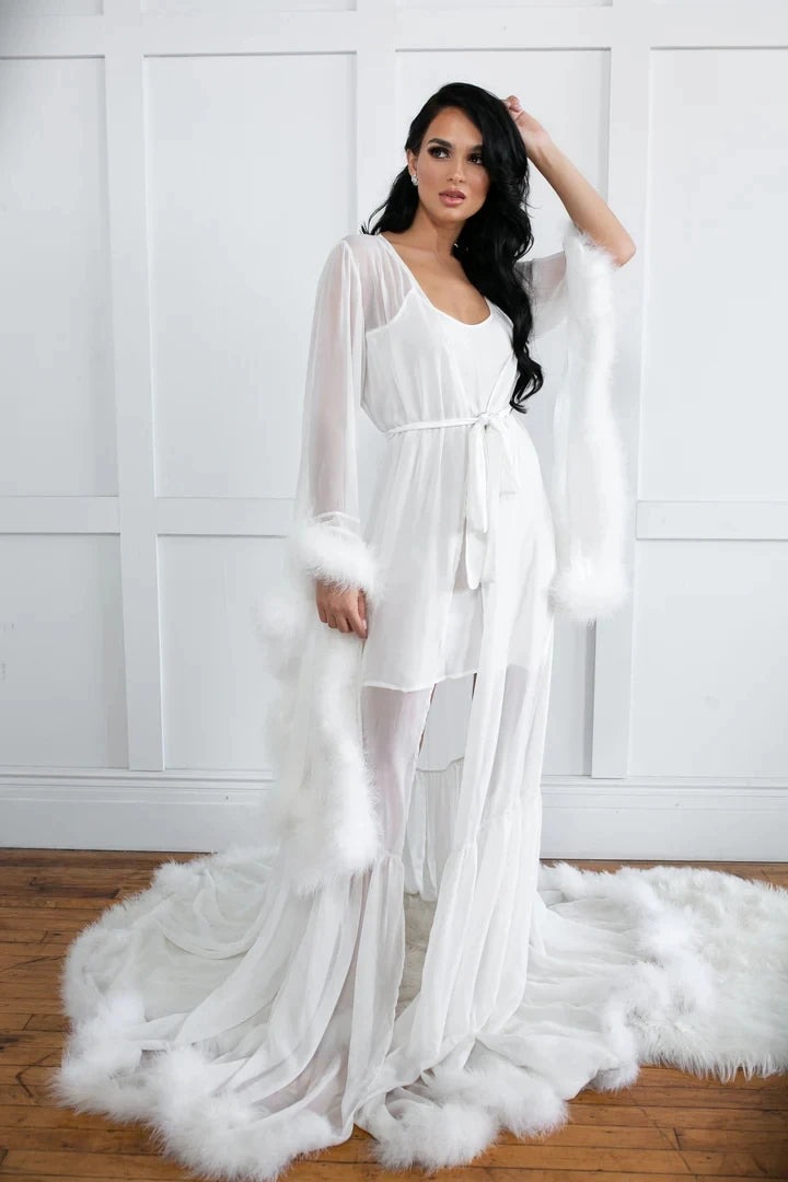 Elegant Fur Bride Wedding Robe And Nightgown Feather Long Bridal Gowns Photo shoot Maternity Dressing Gown for Photography