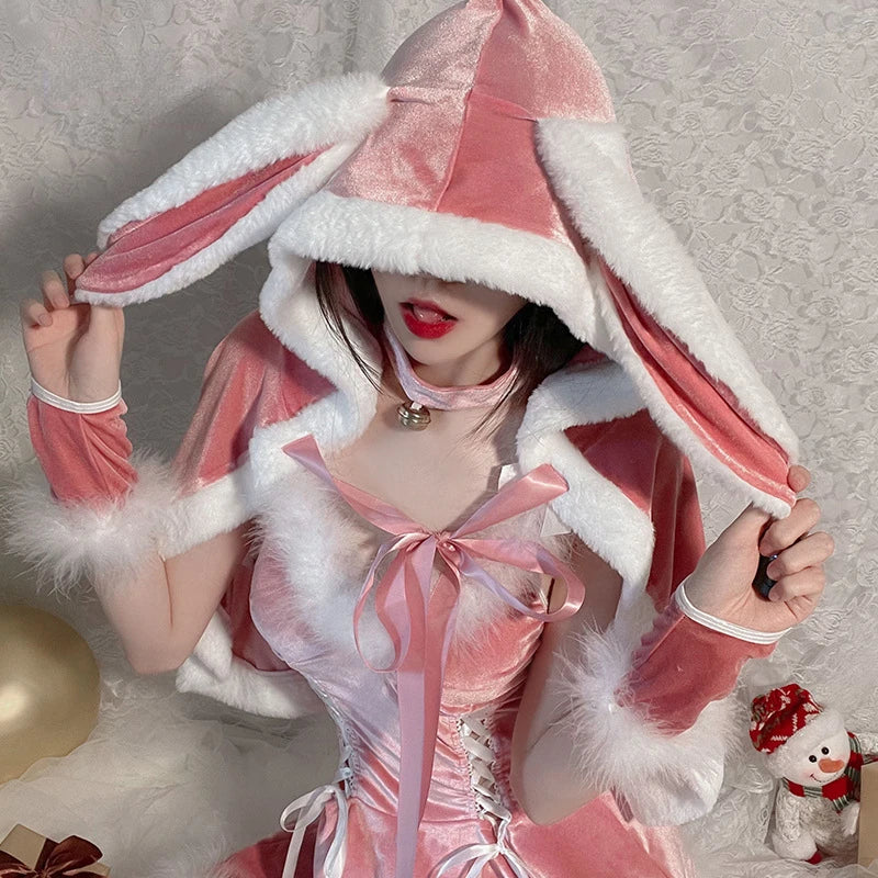 Pink Women Christmas Nightdress Sexy Lingerie Set Santa V-neck Dress Party Plush  Costumes Cosplay Bunny Girl Cute Cloak