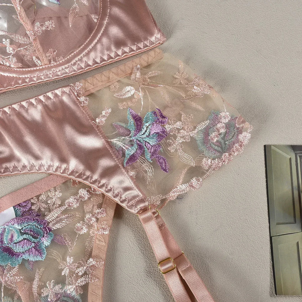 Ellolace Sensual Women Lingerie Fancy Floral Sheen Silk Underwear Transparent Garter Exotic Sets Fairy Luxury Intimate Goods