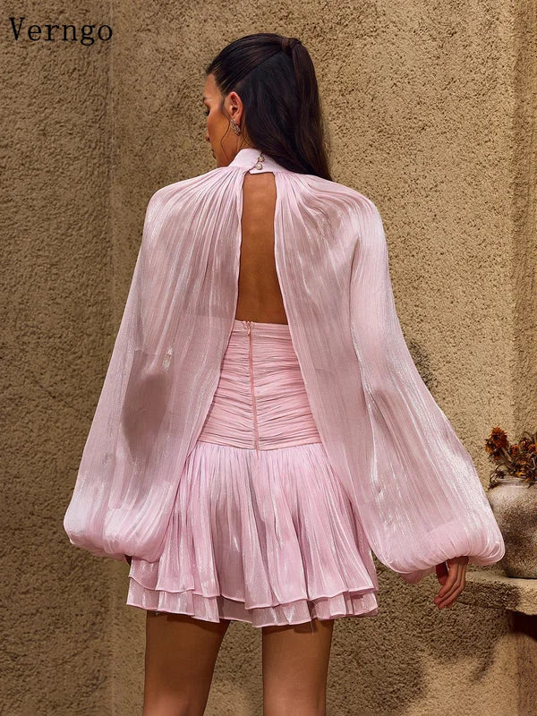 Verngo Pink Shiny Ankle Evening Dress Tiered Charmaine Balloon Sleeves Spring Outfit Ruched Ruffle Mini Dresses Customized