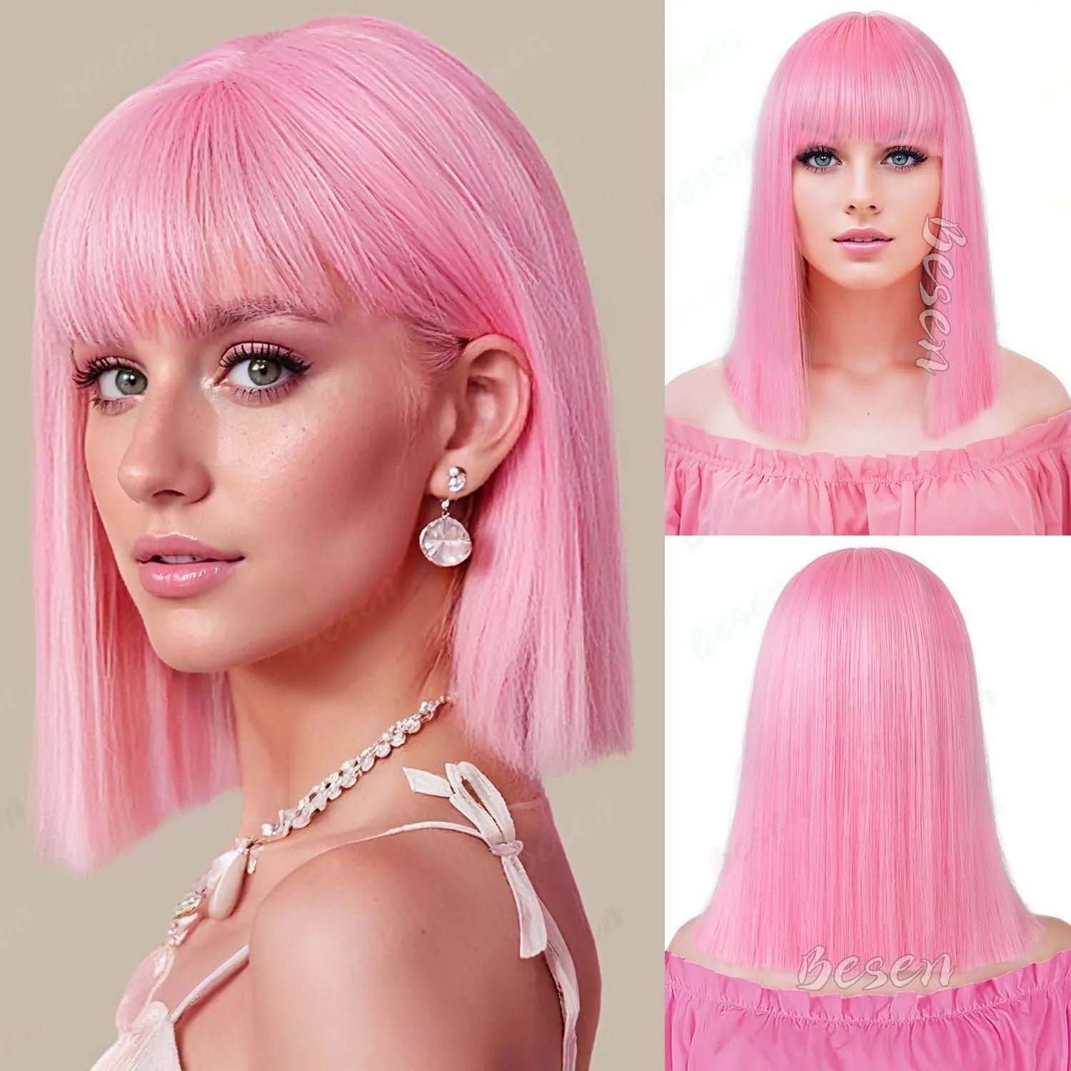 Synthetic Pink Bob wig Short Straight Hair with Bangs,Shoulder Length Multi-colored Wig for Halloween Cosplay Daily Party Wear