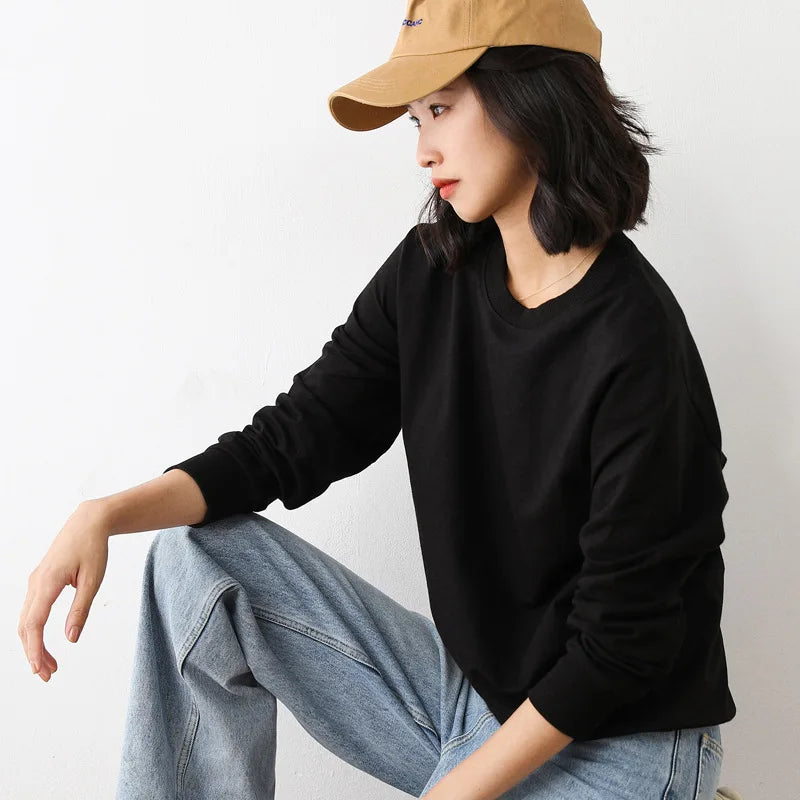 Women Sweatshirt 2025 Spring Autumn Multi-colors Fashion Korean O-neck Cotton Loose Womens Sweatshirts Vintage Solid Pullovers