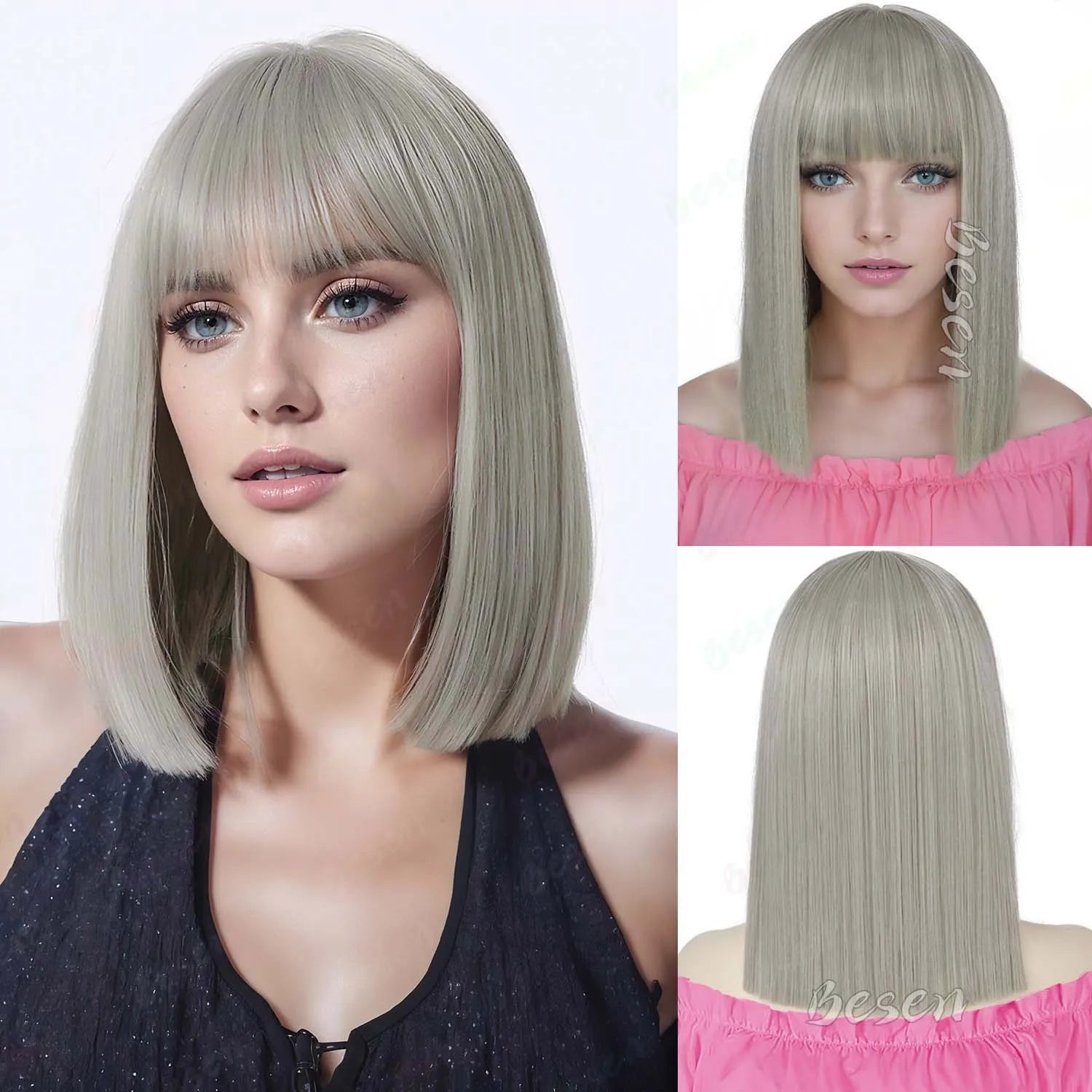 Synthetic Pink Bob wig Short Straight Hair with Bangs,Shoulder Length Multi-colored Wig for Halloween Cosplay Daily Party Wear