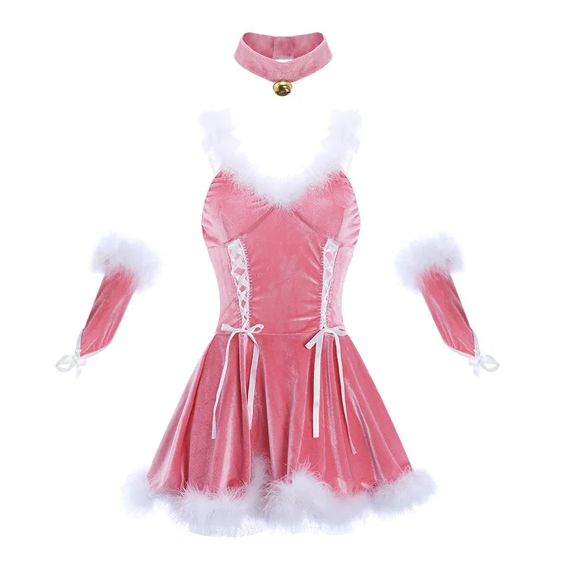 Pink Women Christmas Nightdress Sexy Lingerie Set Santa V-neck Dress Party Plush  Costumes Cosplay Bunny Girl Cute Cloak