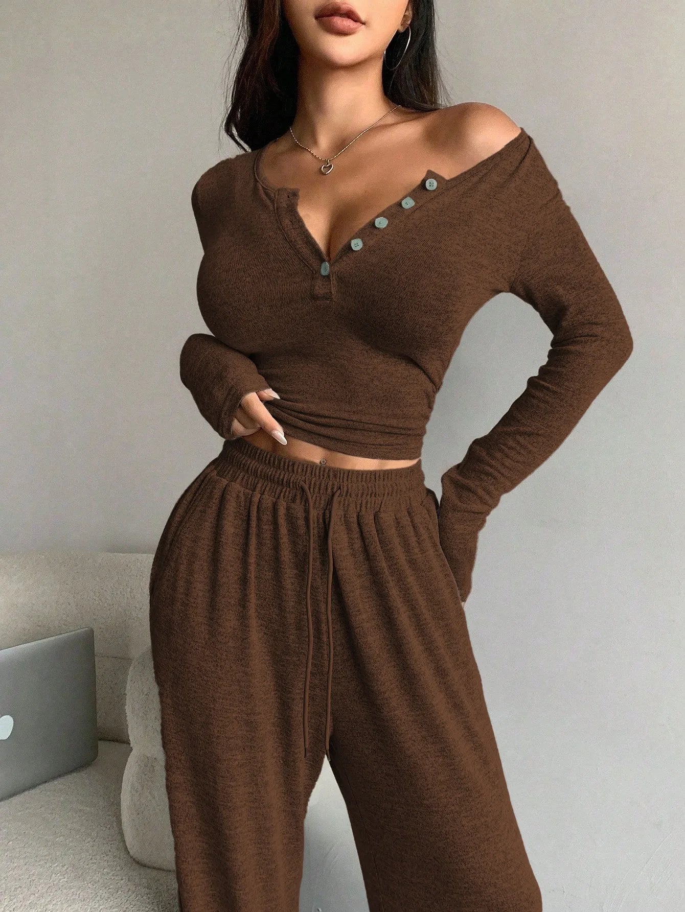 Women's Pajamas Sexy Tight-fitting Button V-neck Long-sleeved Drawstring Long Trousers Two-piece Set Casual Simple Homewear