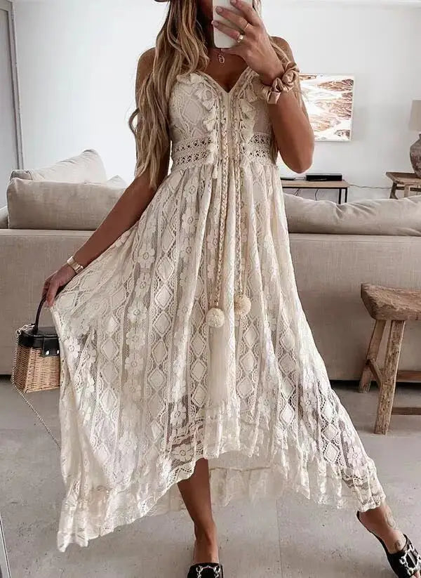 Summer Women Long Party Dress Vintage Long Sleeve Floor Length Sexy Backless White Lace Maxi Dress  sexy