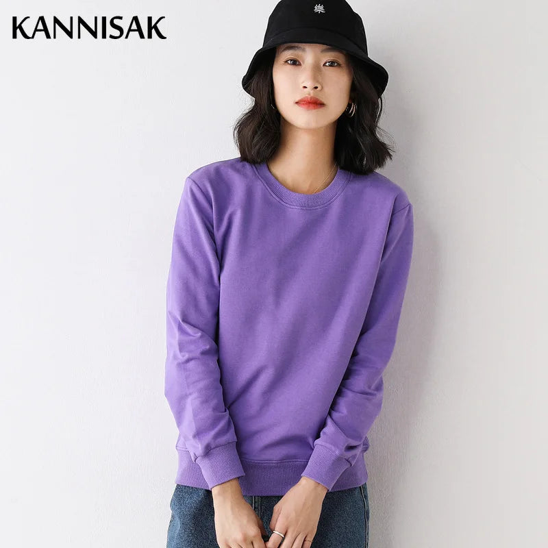 Women Sweatshirt 2025 Spring Autumn Multi-colors Fashion Korean O-neck Cotton Loose Womens Sweatshirts Vintage Solid Pullovers