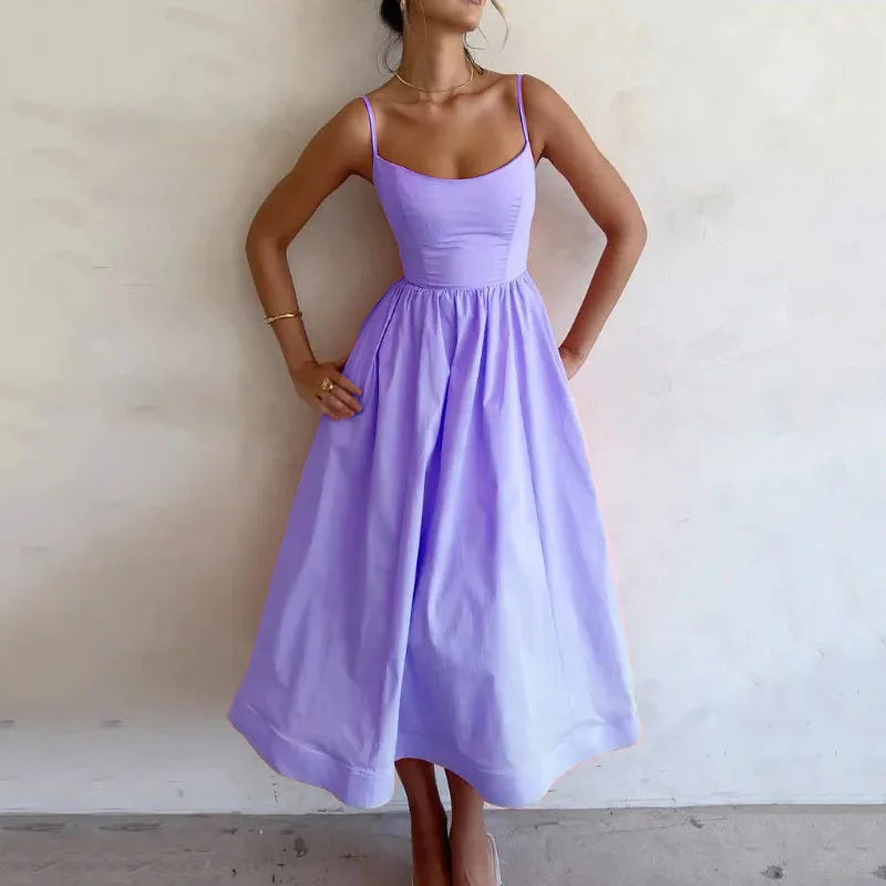 Women's U-neck Summer Dress Vintage Elegant Sleeveless Camisole Slim Pleated Sundress Loose Host A Performance Party Long Dress