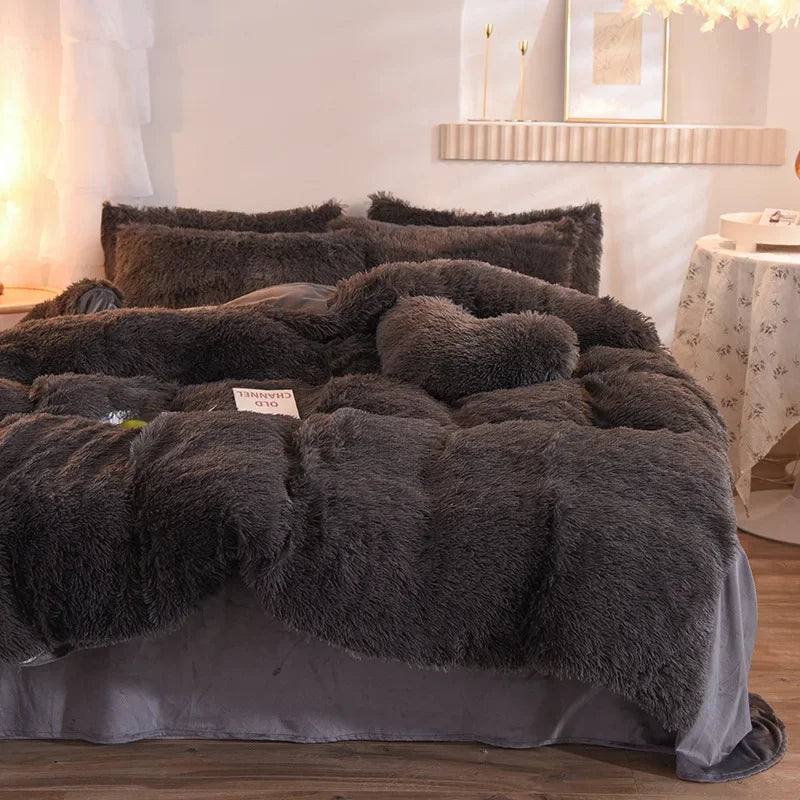 Luxury Winter Warm Long Plush Pink Bedding Set Queen Mink Velvet Double Duvet Cover Set with Fitted Sheet Warmth Quilt Covers