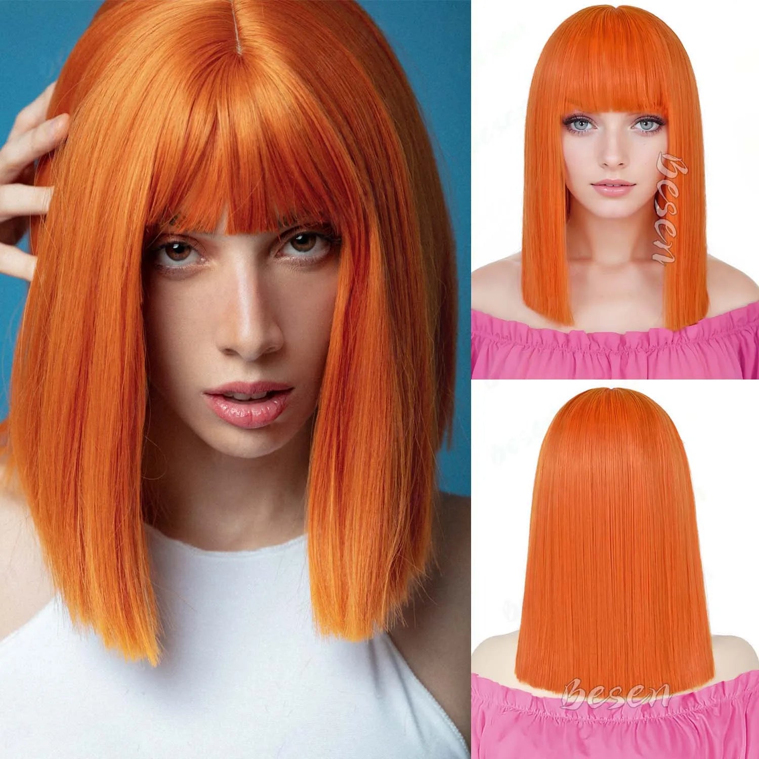 Synthetic Pink Bob wig Short Straight Hair with Bangs,Shoulder Length Multi-colored Wig for Halloween Cosplay Daily Party Wear