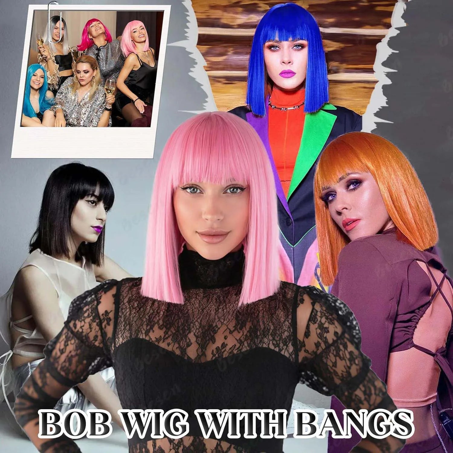 Synthetic Pink Bob wig Short Straight Hair with Bangs,Shoulder Length Multi-colored Wig for Halloween Cosplay Daily Party Wear