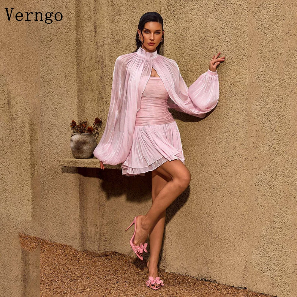 Verngo Pink Shiny Ankle Evening Dress Tiered Charmaine Balloon Sleeves Spring Outfit Ruched Ruffle Mini Dresses Customized
