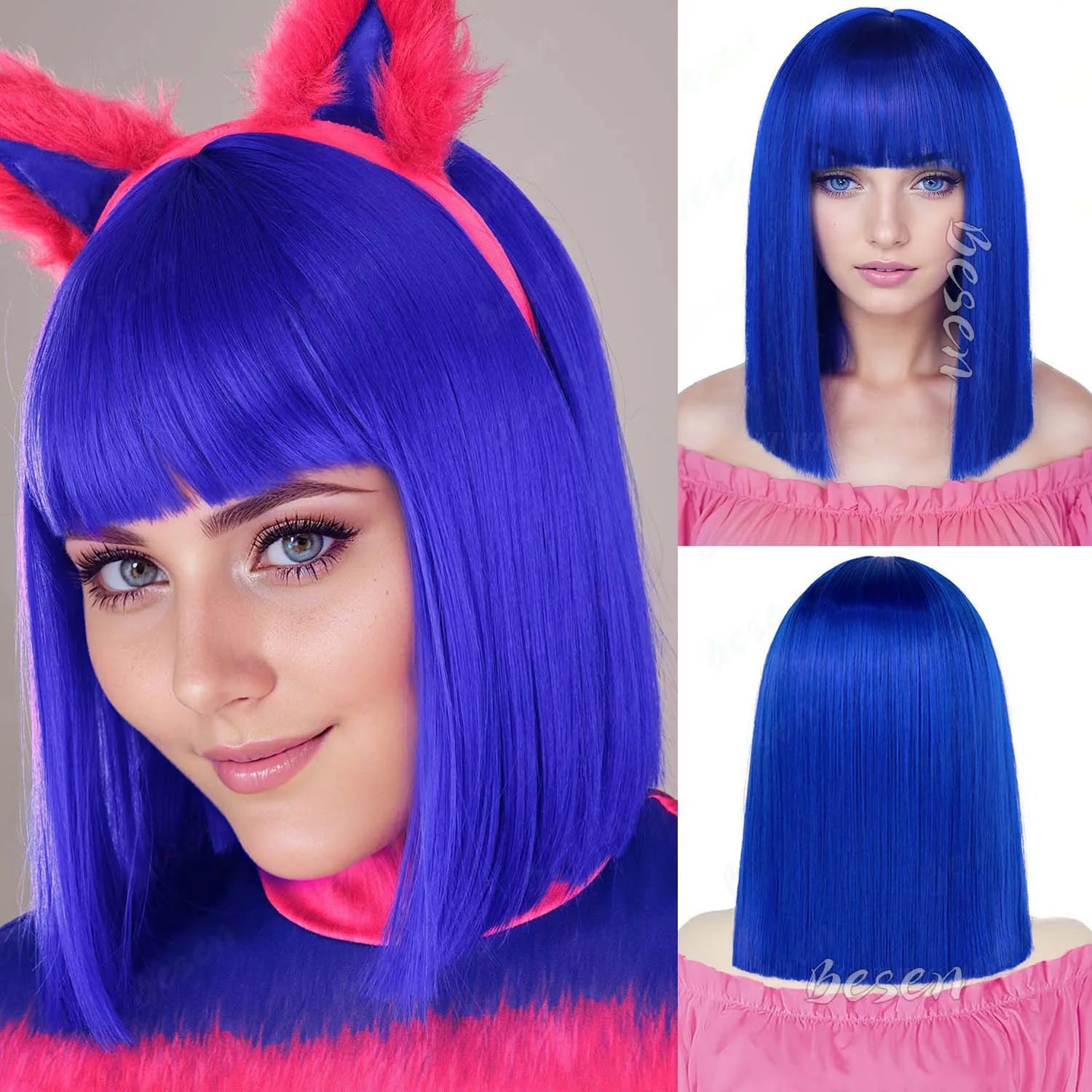 Synthetic Pink Bob wig Short Straight Hair with Bangs,Shoulder Length Multi-colored Wig for Halloween Cosplay Daily Party Wear