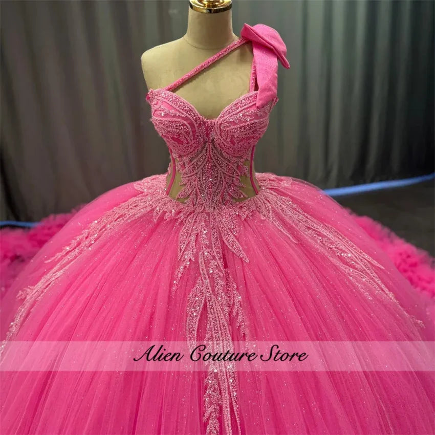 Hot Pink Shinny 15 Dress Quinceanera 2026 Beaded One Shoulder Ball Gown Quince Dress Formal Occasion Gowns Customized