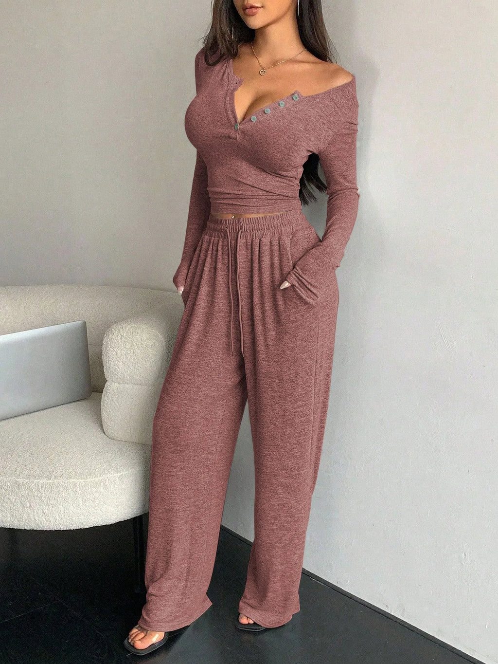Women's Pajamas Sexy Tight-fitting Button V-neck Long-sleeved Drawstring Long Trousers Two-piece Set Casual Simple Homewear
