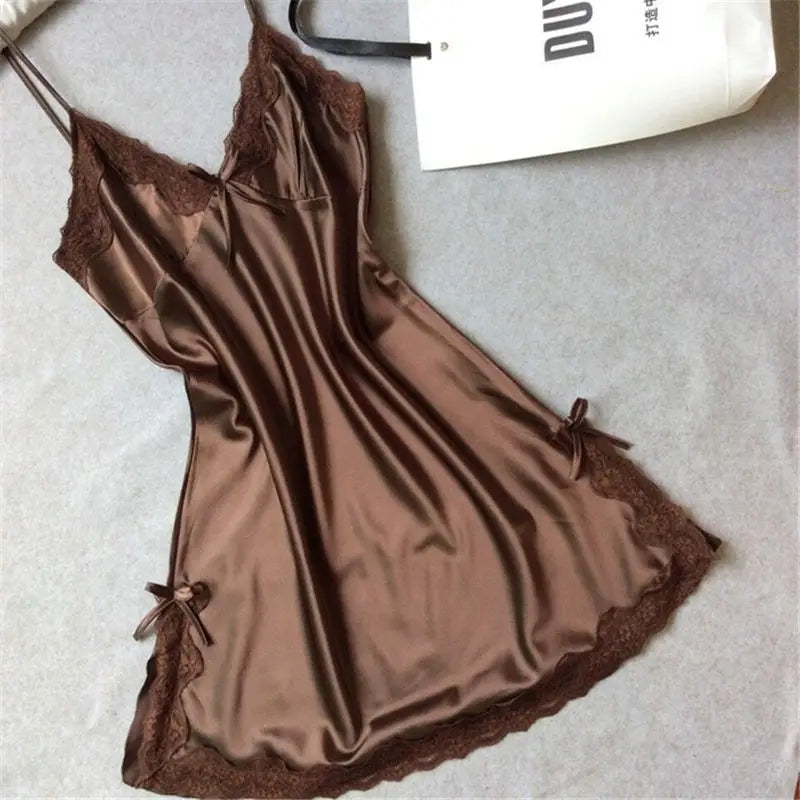 Sexy Sleepwear Lady Sexy Silk Satin Night Dress V-neck Nightgown Plus Size Nightdress Lace Nightwear for Women Nighty for Ladies