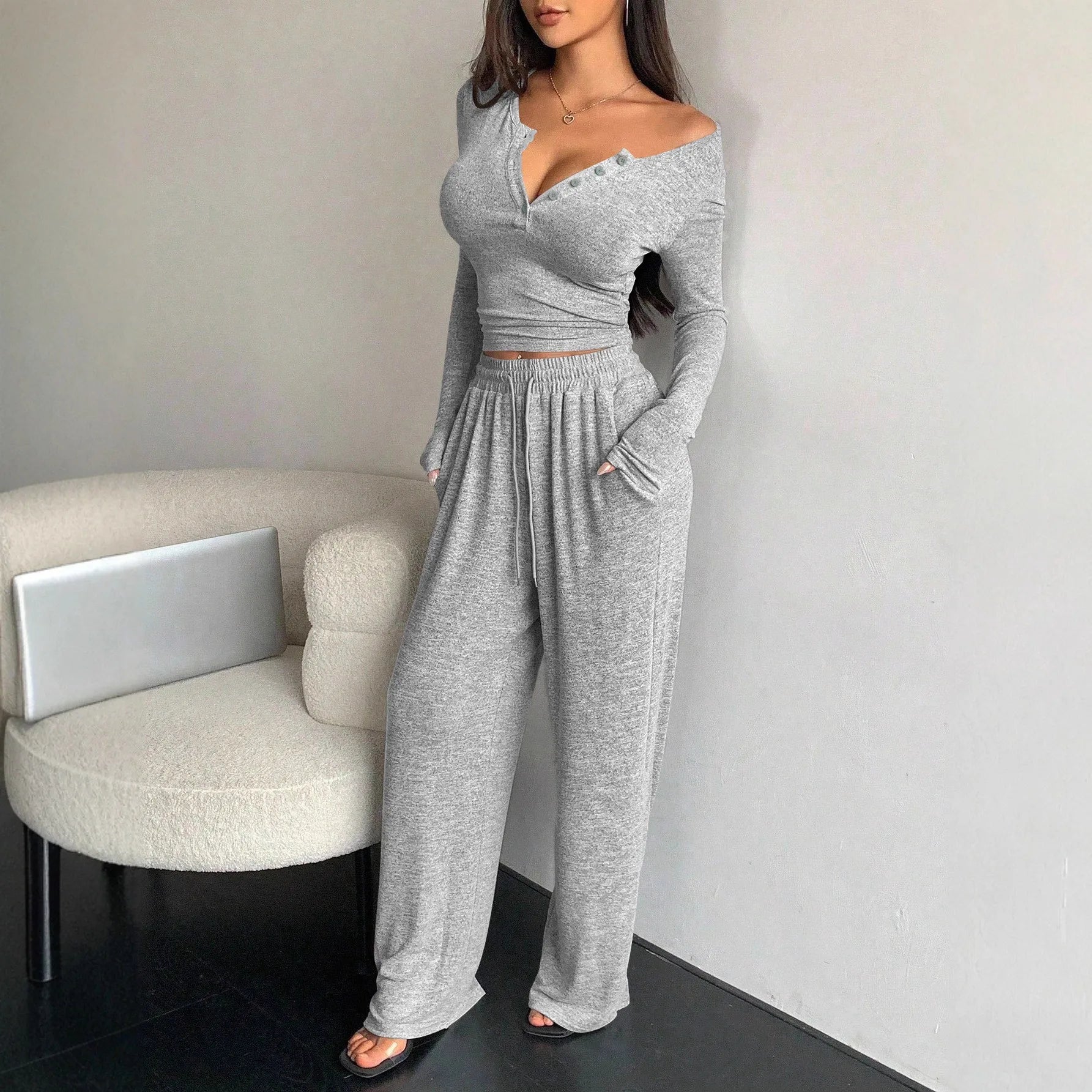 Women's Pajamas Sexy Tight-fitting Button V-neck Long-sleeved Drawstring Long Trousers Two-piece Set Casual Simple Homewear