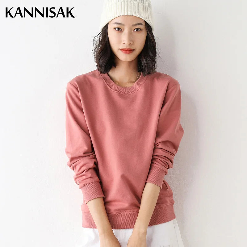 Women Sweatshirt 2025 Spring Autumn Multi-colors Fashion Korean O-neck Cotton Loose Womens Sweatshirts Vintage Solid Pullovers