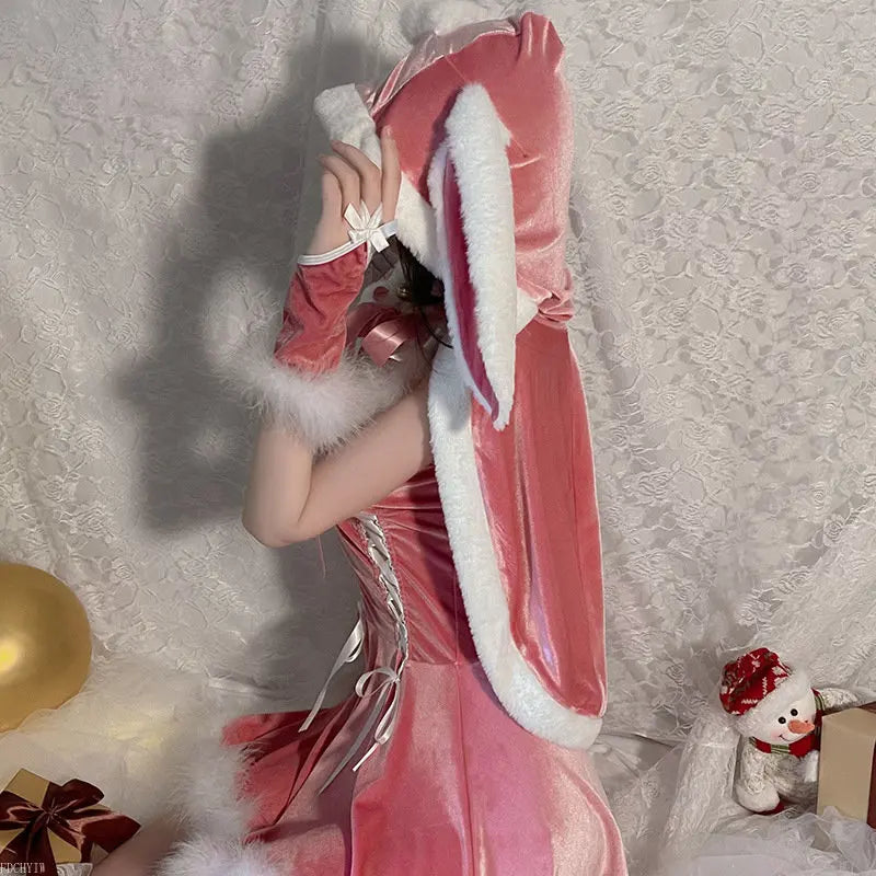 Pink Women Christmas Nightdress Sexy Lingerie Set Santa V-neck Dress Party Plush  Costumes Cosplay Bunny Girl Cute Cloak