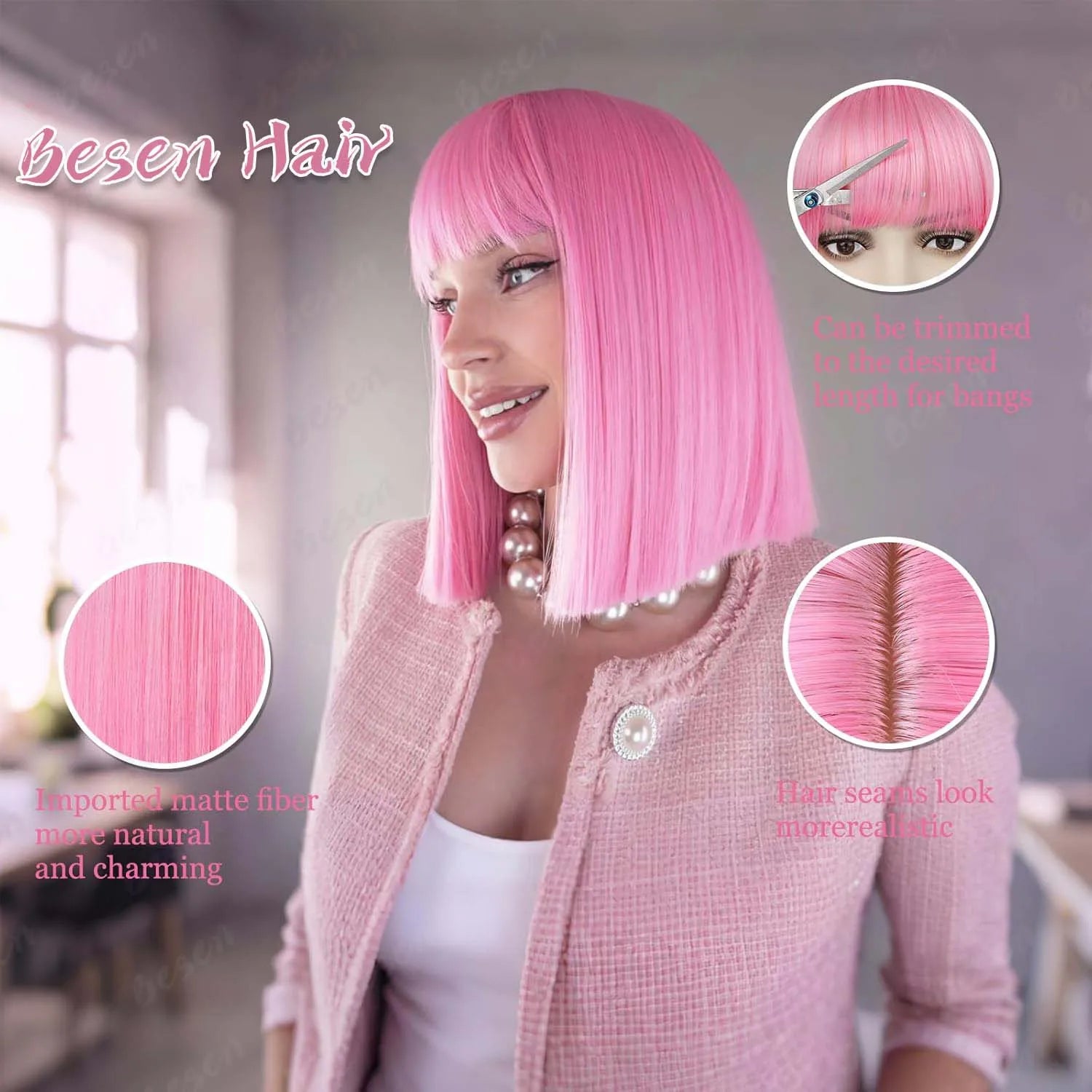 Synthetic Pink Bob wig Short Straight Hair with Bangs,Shoulder Length Multi-colored Wig for Halloween Cosplay Daily Party Wear