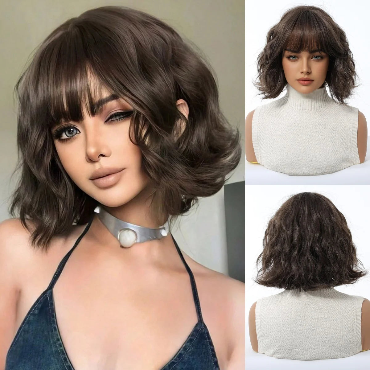 Pink Short Wavy Synthetic Wig with Full Bangs for Women Heat Resistant Natural Look Hair for Daily Party and Cosplay Use