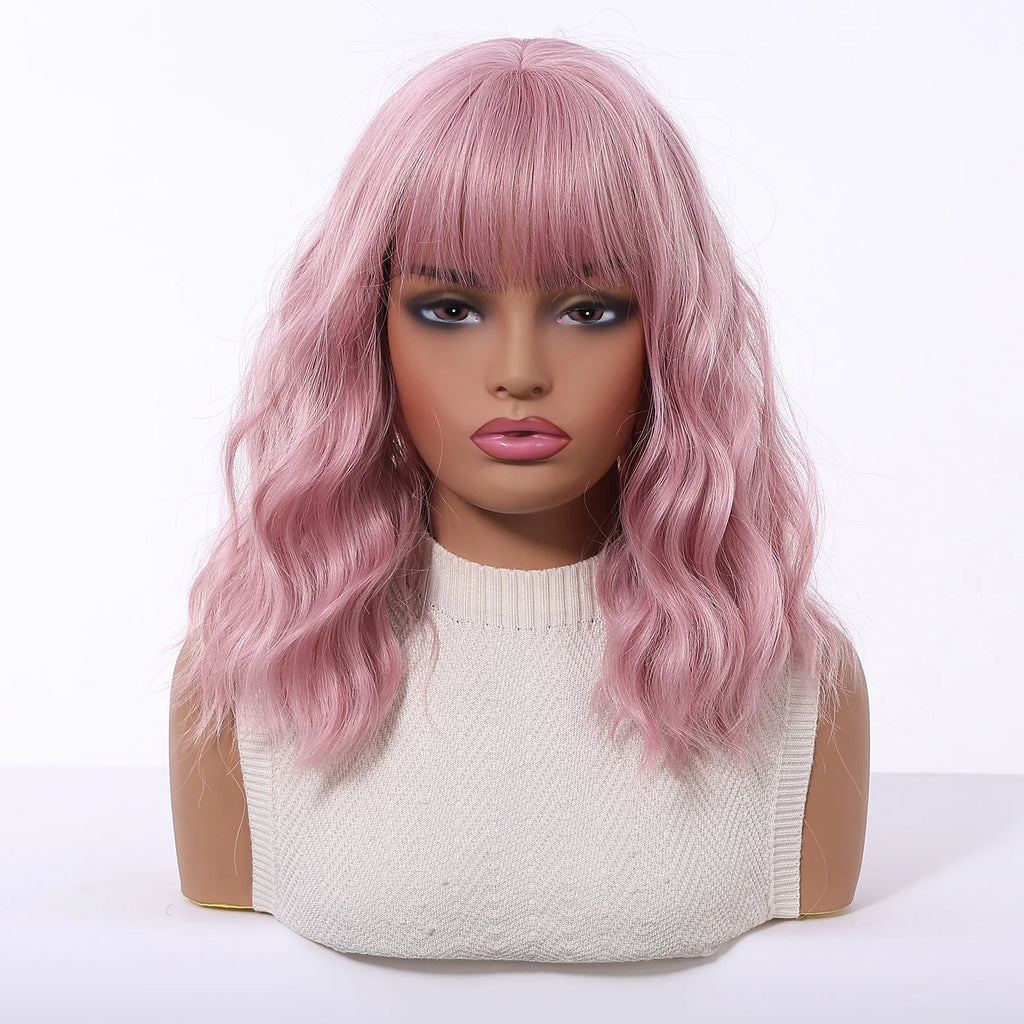 Pink Short Wavy Synthetic Wig with Full Bangs for Women Heat Resistant Natural Look Hair for Daily Party and Cosplay Use