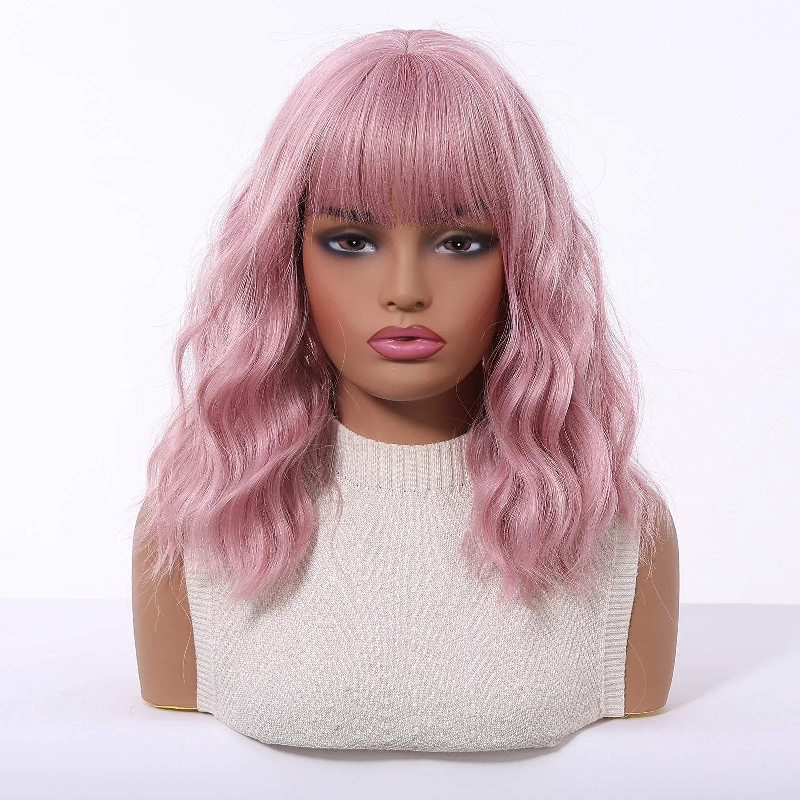 Pink Short Wavy Synthetic Wig with Full Bangs for Women Heat Resistant Natural Look Hair for Daily Party and Cosplay Use
